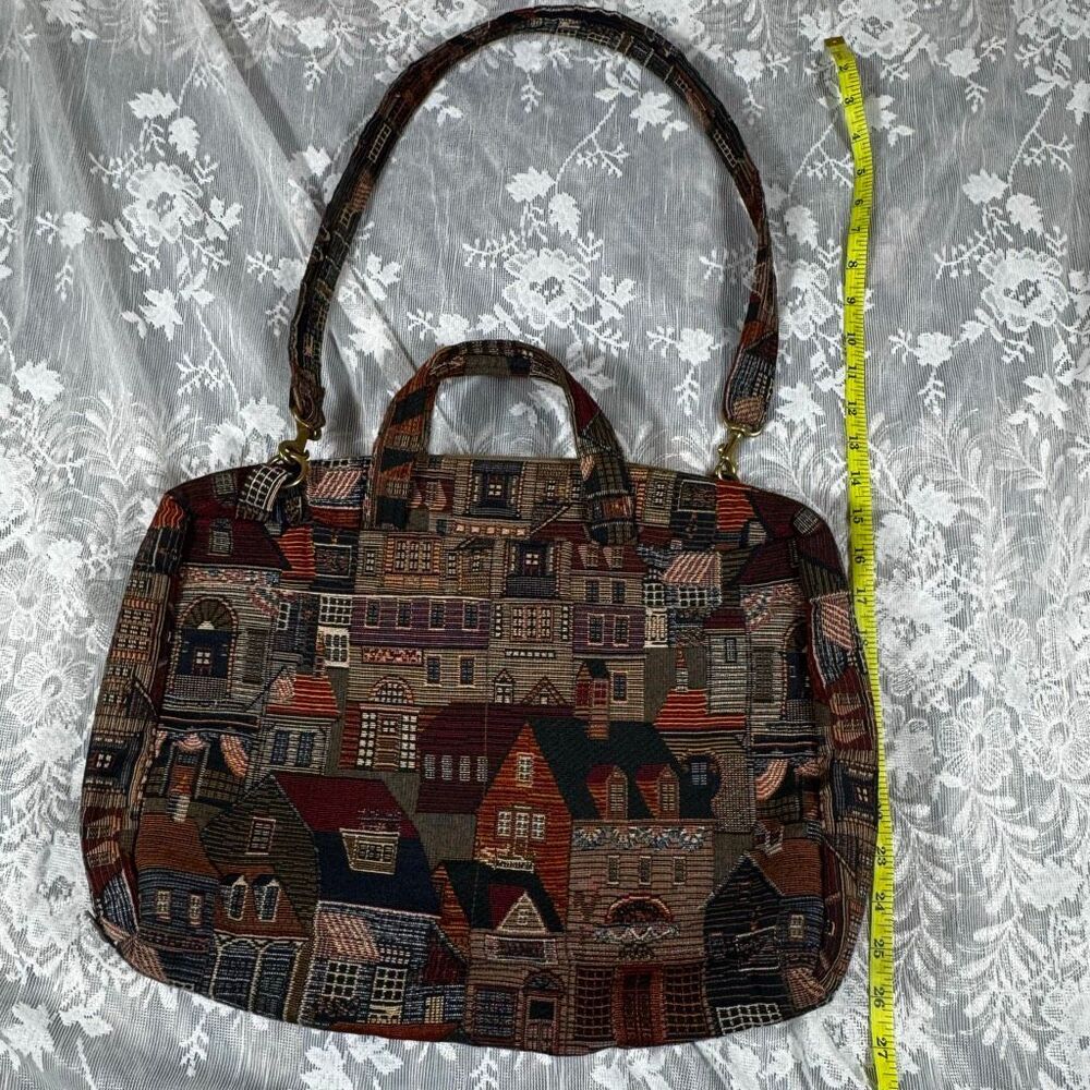 The Tapestry Cottage Woven Village/Houses Pattern Large Tote Bag | Gold Hardware